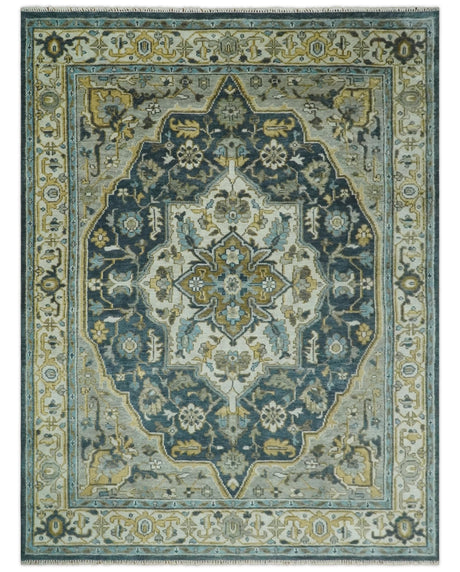 Ivory, Teal, and silver Hand Knotted Traditional Medallion Multi size wool Area Rug