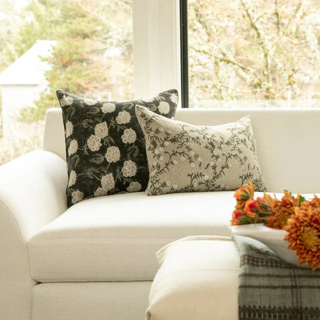 Jameera Linen Floral Throw Pillow Cover, Olive on Natural-Floral Pillows-Parc Decor