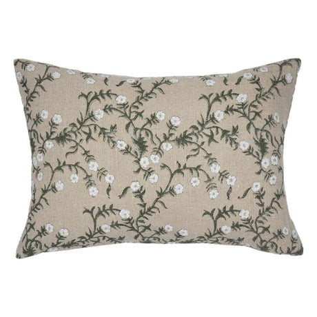 Jameera Linen Floral Throw Pillow Cover, Olive on Natural-Floral Pillows-Parc Decor