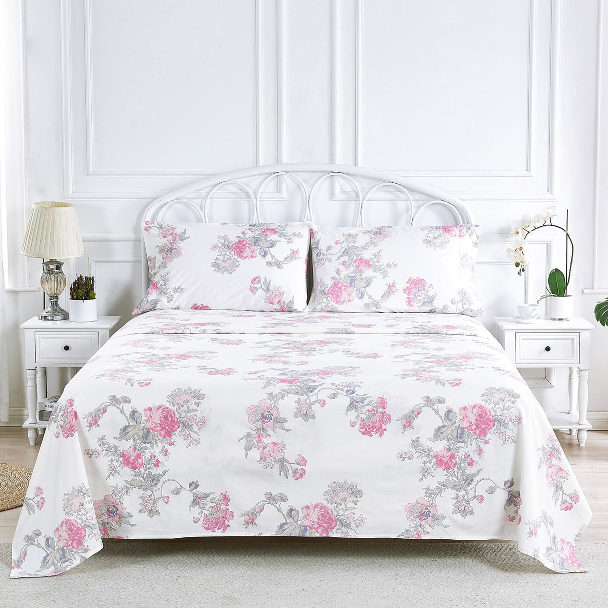 Jardin De Rose Printed Cotton Percale Sheet Set-Bed Sheets-Parc Decor
