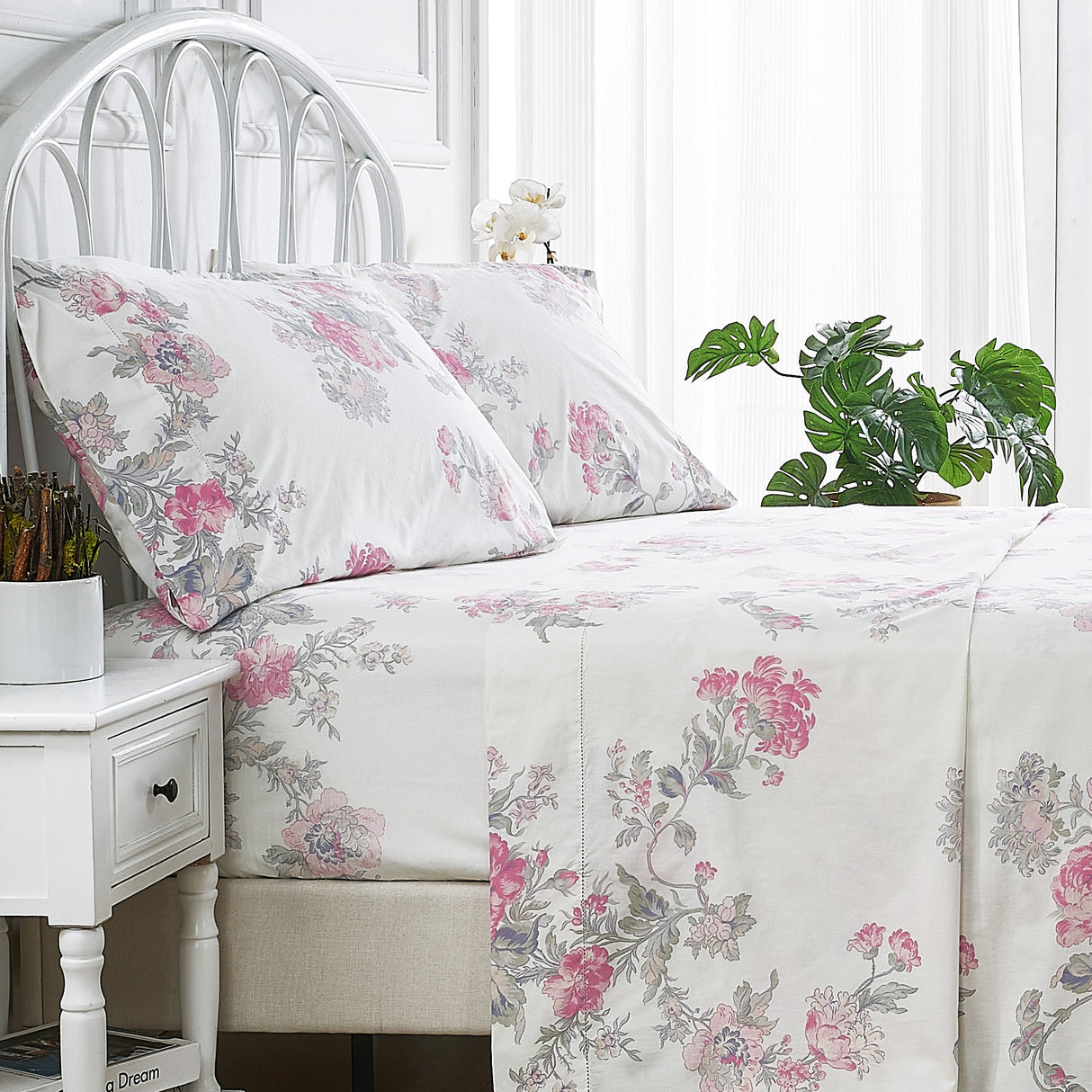 Jardin De Rose Printed Cotton Percale Sheet Set-Bed Sheets-Parc Decor