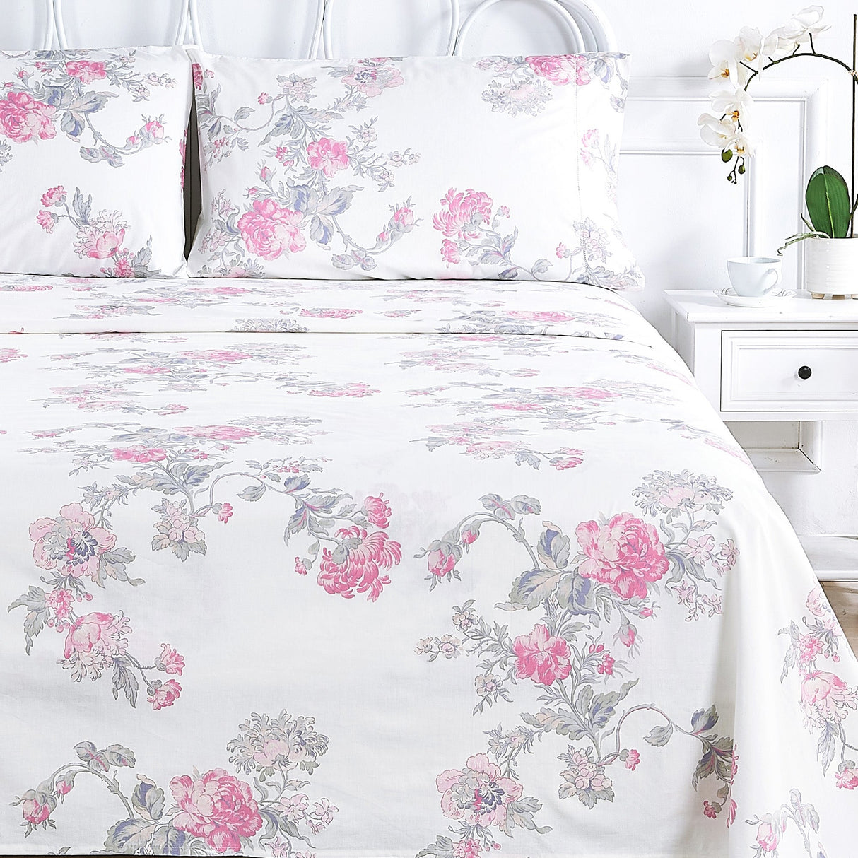 Jardin De Rose Printed Cotton Percale Sheet Set-Bed Sheets-Parc Decor