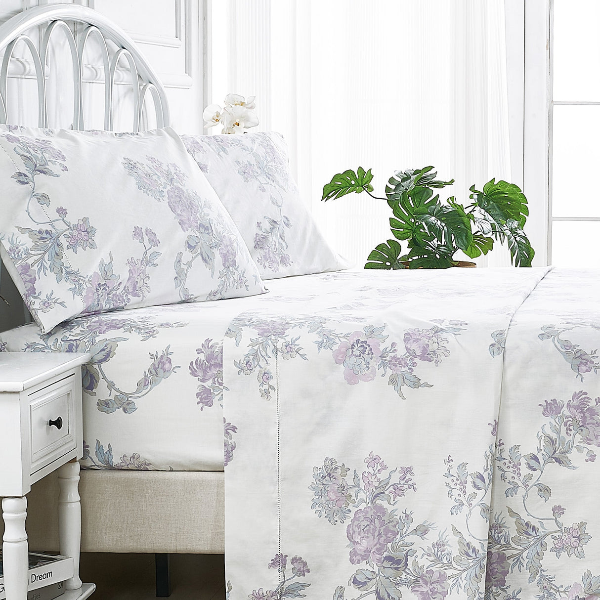 Jardin De Rose Printed Cotton Percale Sheet Set-Bed Sheets-Parc Decor