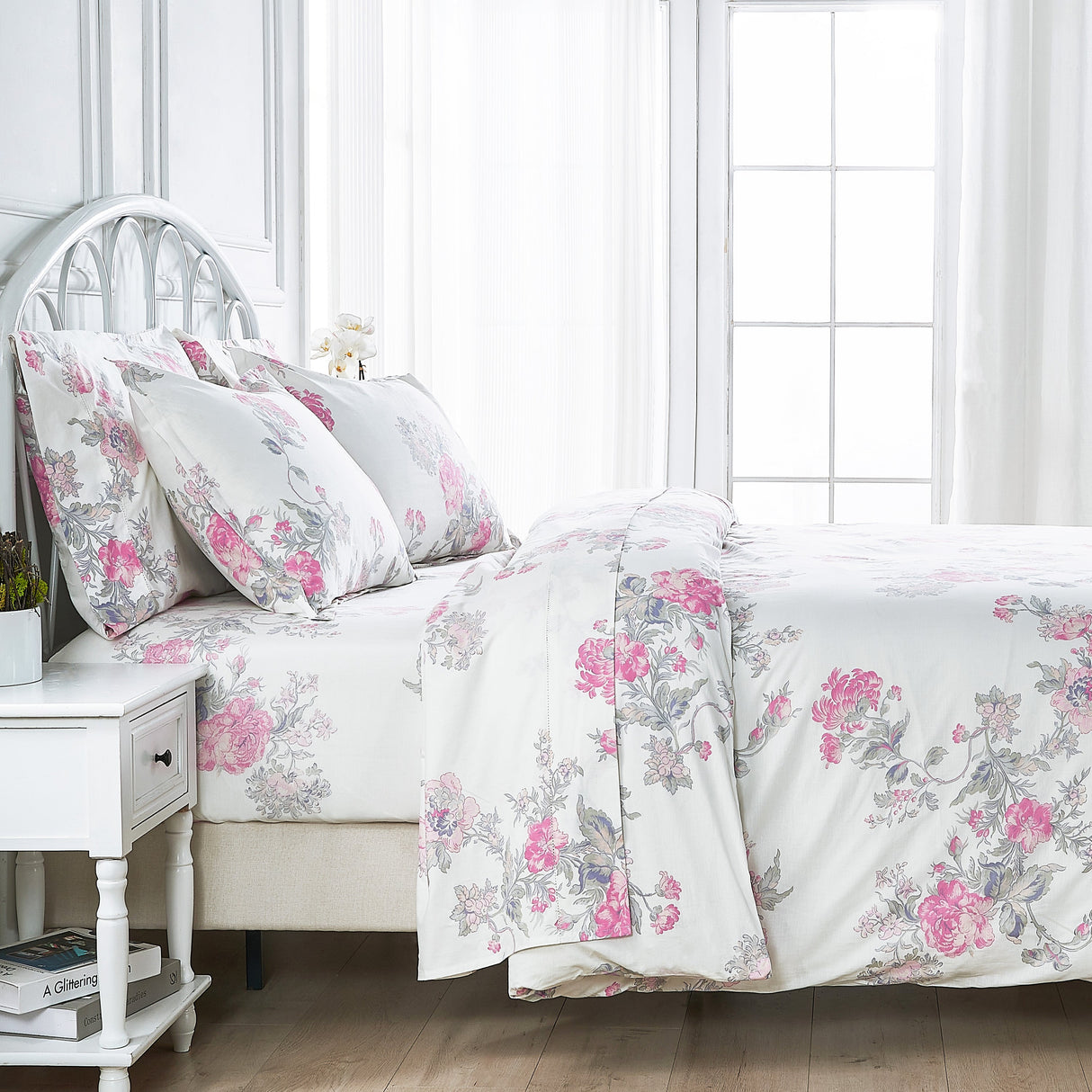Jardin De Rose Printed Cotton Percale Sheet Set-Bed Sheets-Parc Decor