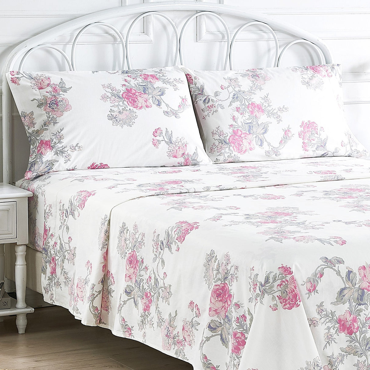 Jardin De Rose Printed Cotton Percale Sheet Set-Bed Sheets-Parc Decor