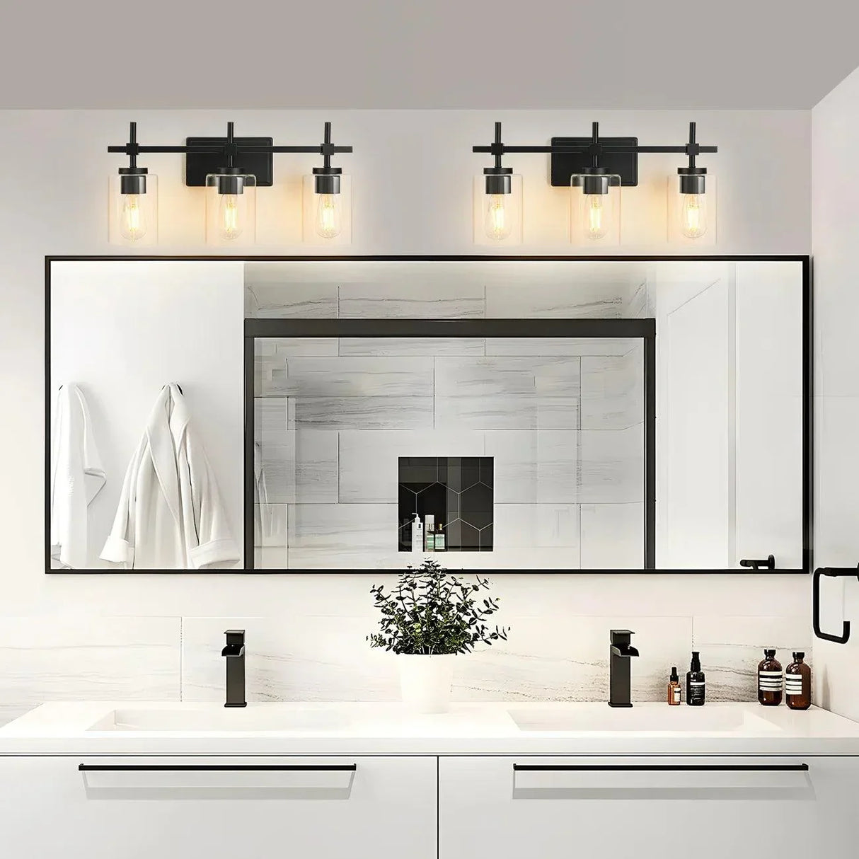 Jasper 3-Light Modern Clear Glass Bathroom Vanity Light, Black & Nickel