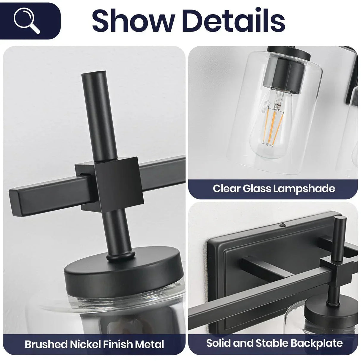 Jasper 3-Light Modern Clear Glass Bathroom Vanity Light, Black & Nickel