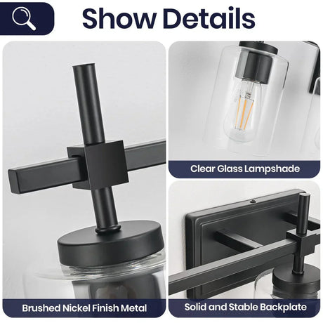 Jasper 3-Light Modern Clear Glass Bathroom Vanity Light, Black & Nickel