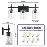 Jasper 3-Light Modern Clear Glass Bathroom Vanity Light, Black & Nickel