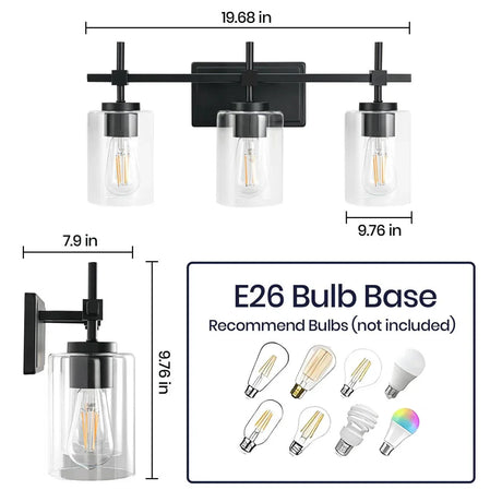 Jasper 3-Light Modern Clear Glass Bathroom Vanity Light, Black & Nickel