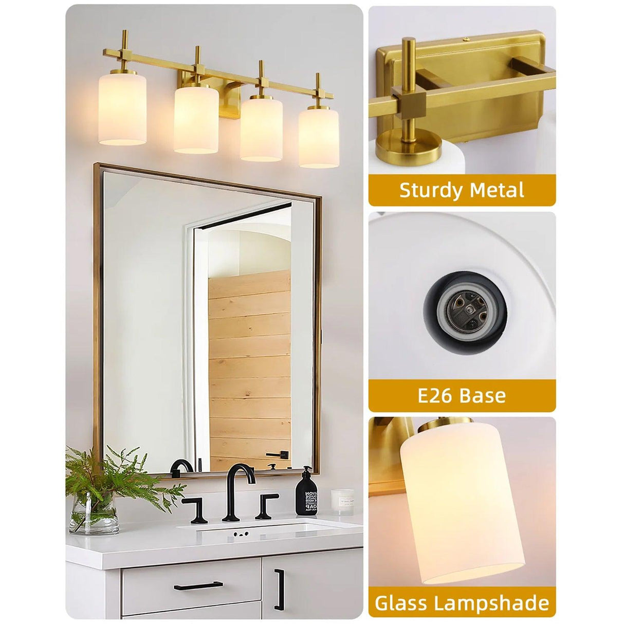 Jasper Gold Modern Frosted Glass 4-Light Bathroom Vanity Light-壁灯-Parc Decor