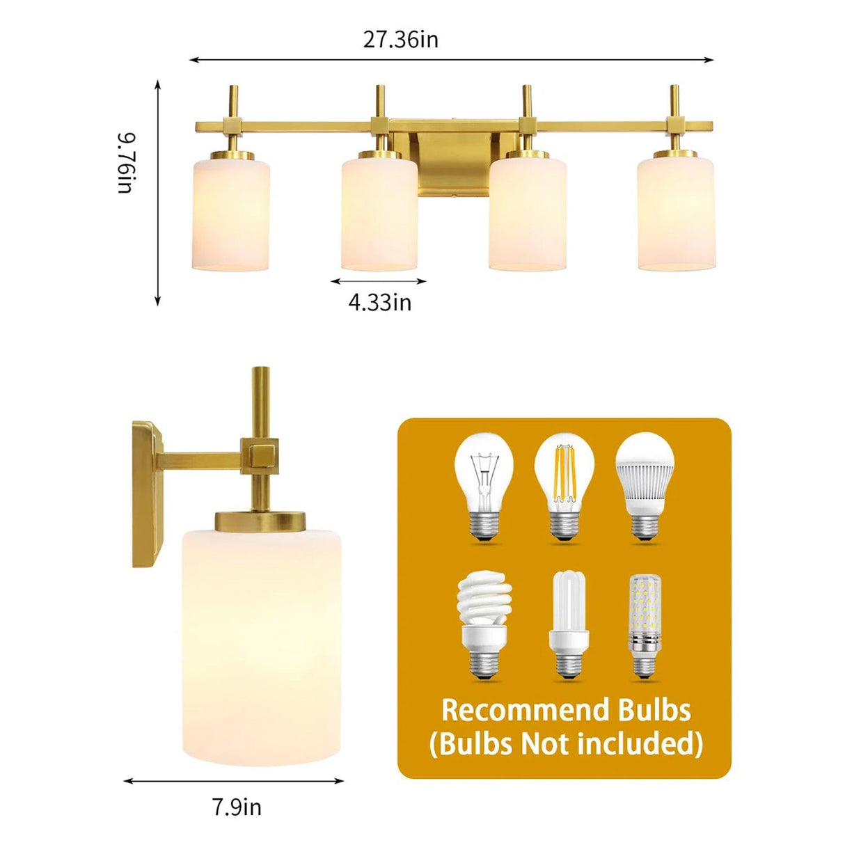 Jasper Gold Modern Frosted Glass 4-Light Bathroom Vanity Light-壁灯-Parc Decor