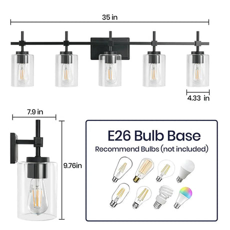 Jasper Modern Brushed Nickel & Black Clear Glass 5-Light Bathroom Linear Vanity Light