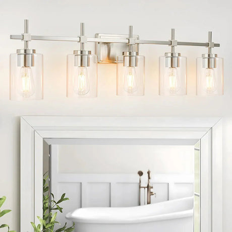 Jasper Modern Brushed Nickel & Black Clear Glass 5-Light Bathroom Linear Vanity Light