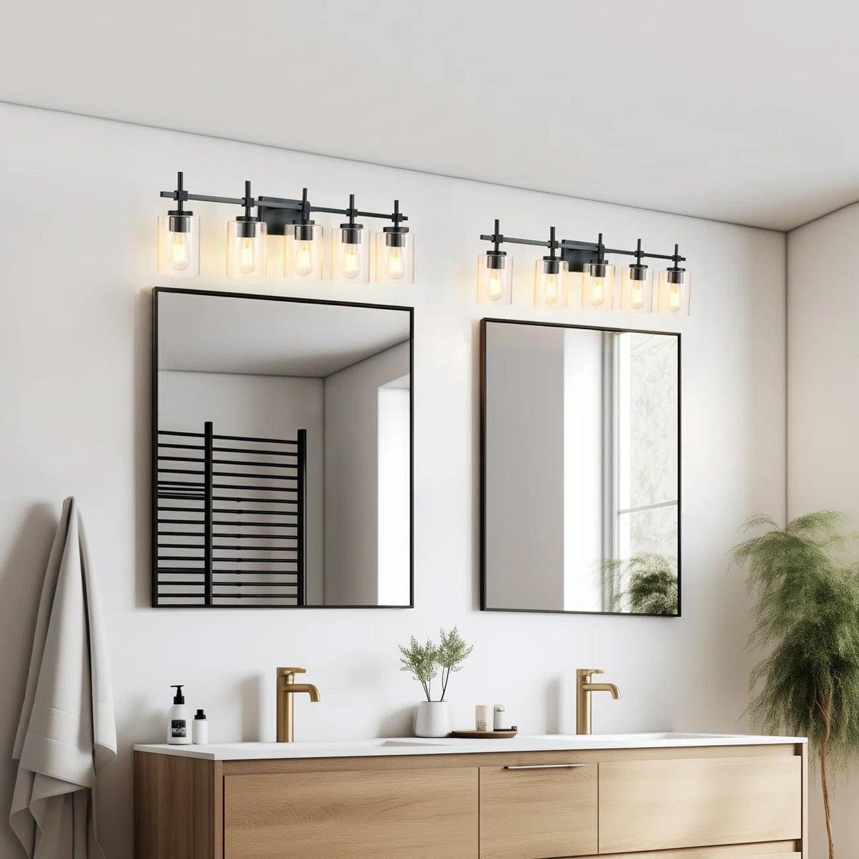 Jasper Modern Brushed Nickel & Black Clear Glass 5-Light Bathroom Linear Vanity Light-壁灯-Parc Decor