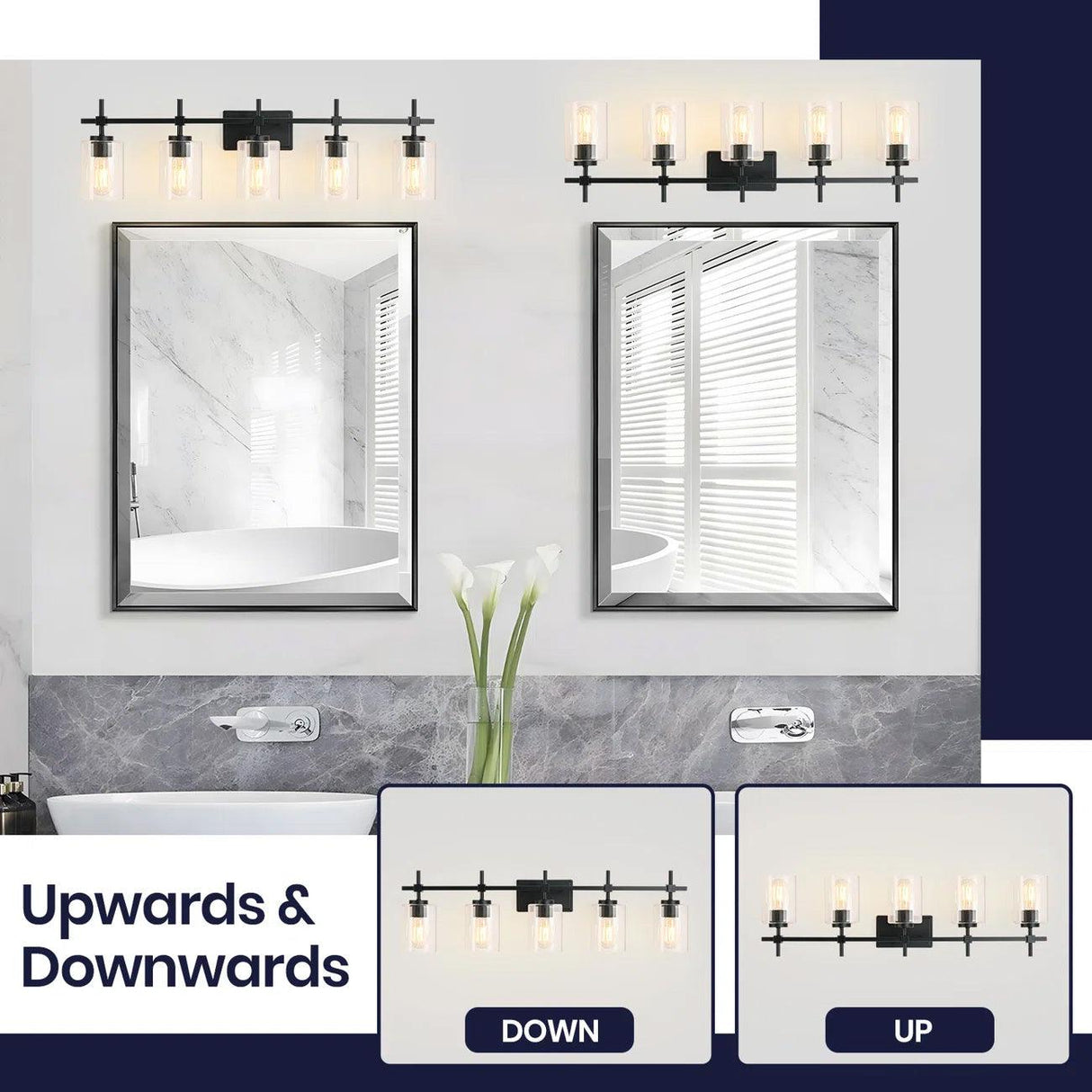 Jasper Modern Brushed Nickel & Black Clear Glass 5-Light Bathroom Linear Vanity Light-壁灯-Parc Decor