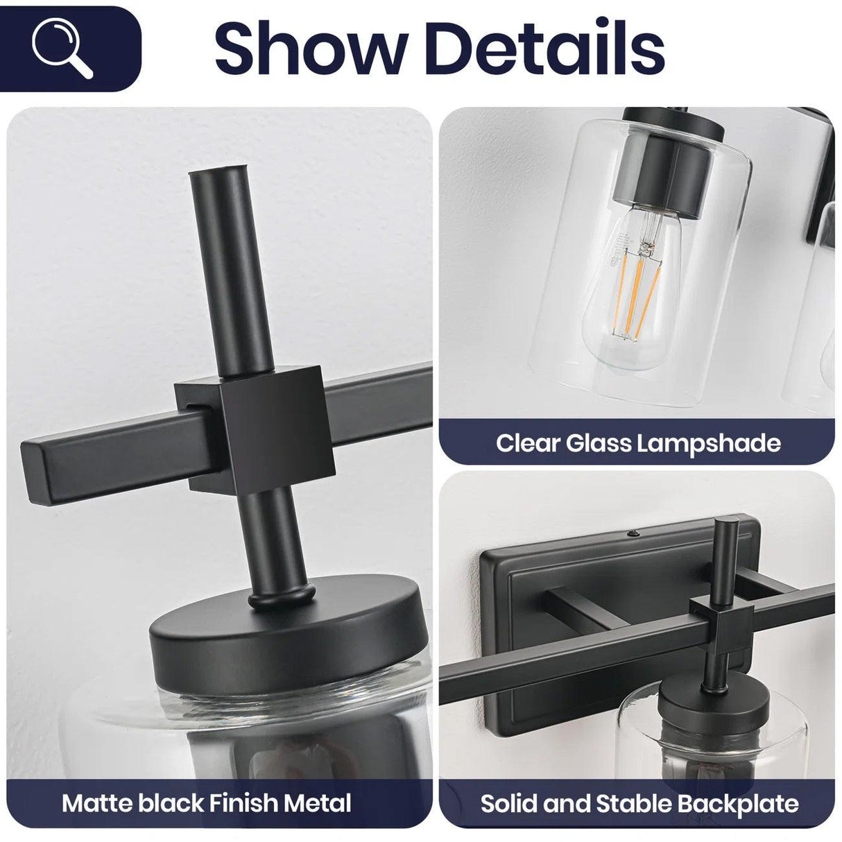 Jasper Modern Brushed Nickel & Black Clear Glass 5-Light Bathroom Linear Vanity Light-壁灯-Parc Decor