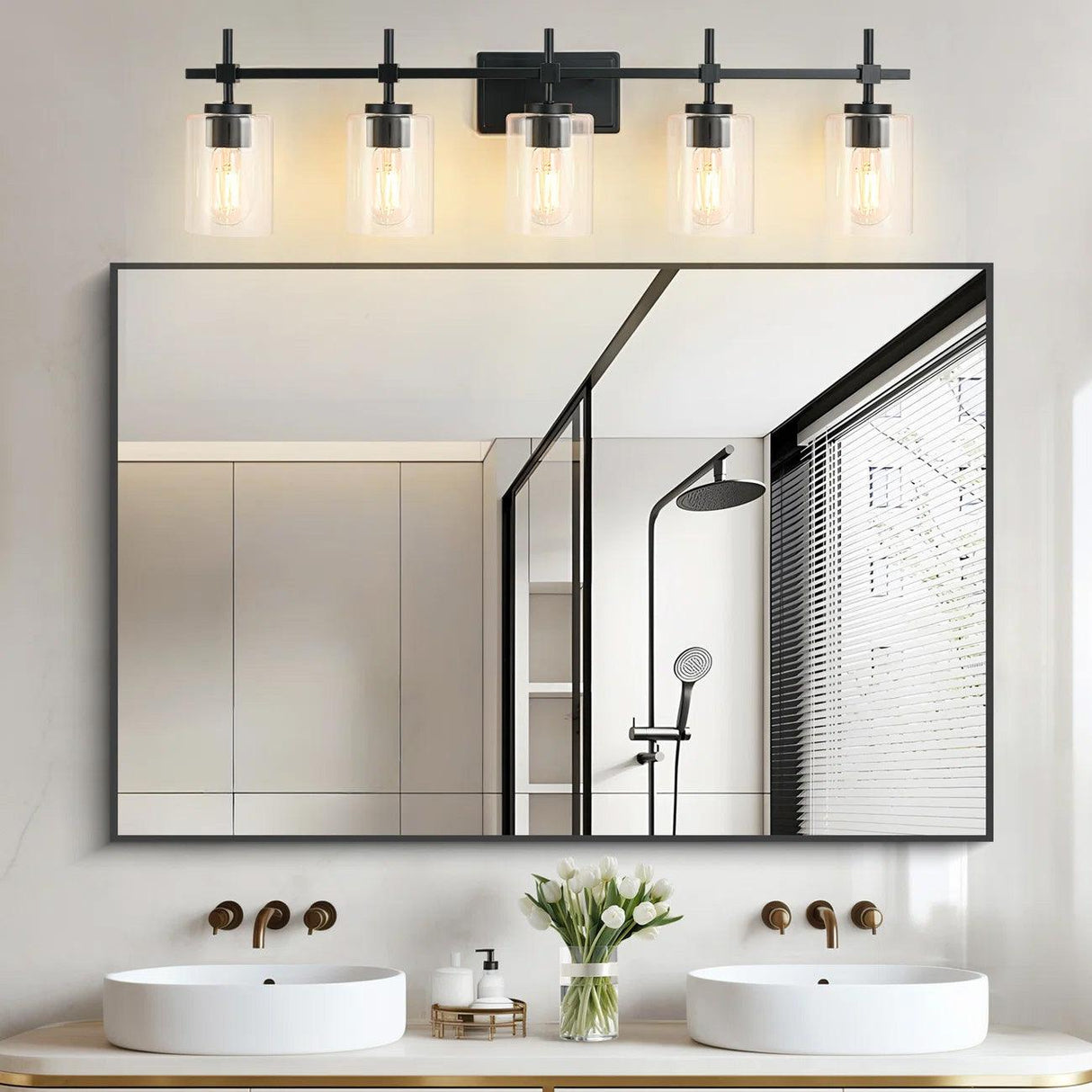 Jasper Modern Brushed Nickel & Black Clear Glass 5-Light Bathroom Linear Vanity Light-壁灯-Parc Decor
