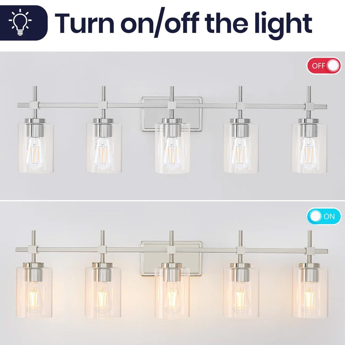 Jasper Modern Brushed Nickel & Black Clear Glass 5-Light Bathroom Linear Vanity Light-壁灯-Parc Decor