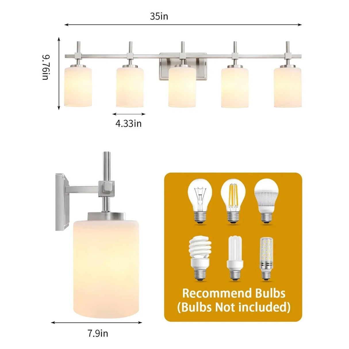 Jasper Modern Frosted Glass 5-Light Bathroom Linear Vanity Light