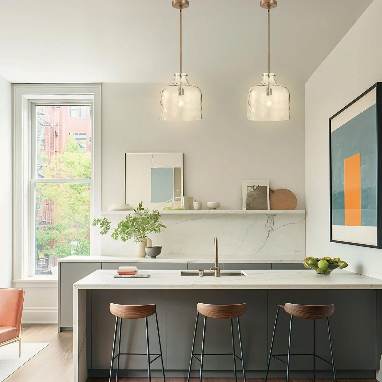 Kara Farmhouse 1-Light Textured Glass Nickel Island Pendant Light-吊灯-Parc Decor