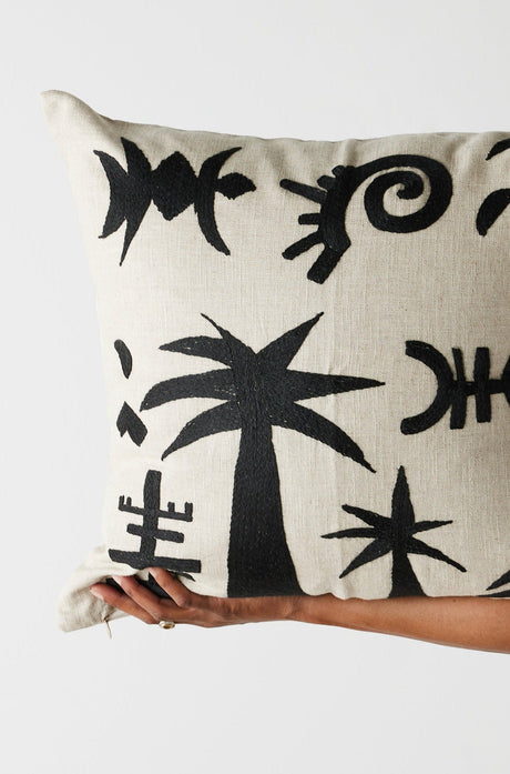 Keiskamma Black Linen & Silk Embroidered Throw Pillow-Pillows-Parc Decor