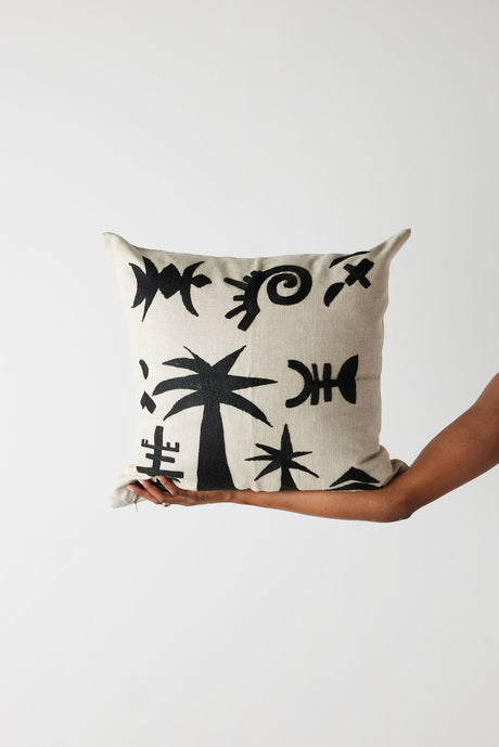 Keiskamma Black Linen & Silk Embroidered Throw Pillow-Pillows-Parc Decor