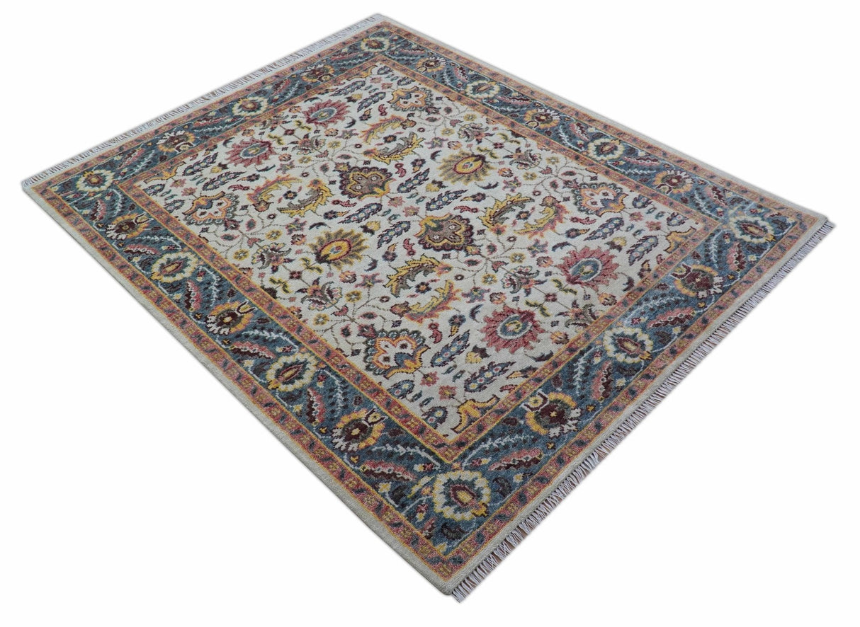 Kelly Turkish Design Ivory And Blue Hand Knotted Wool Rug