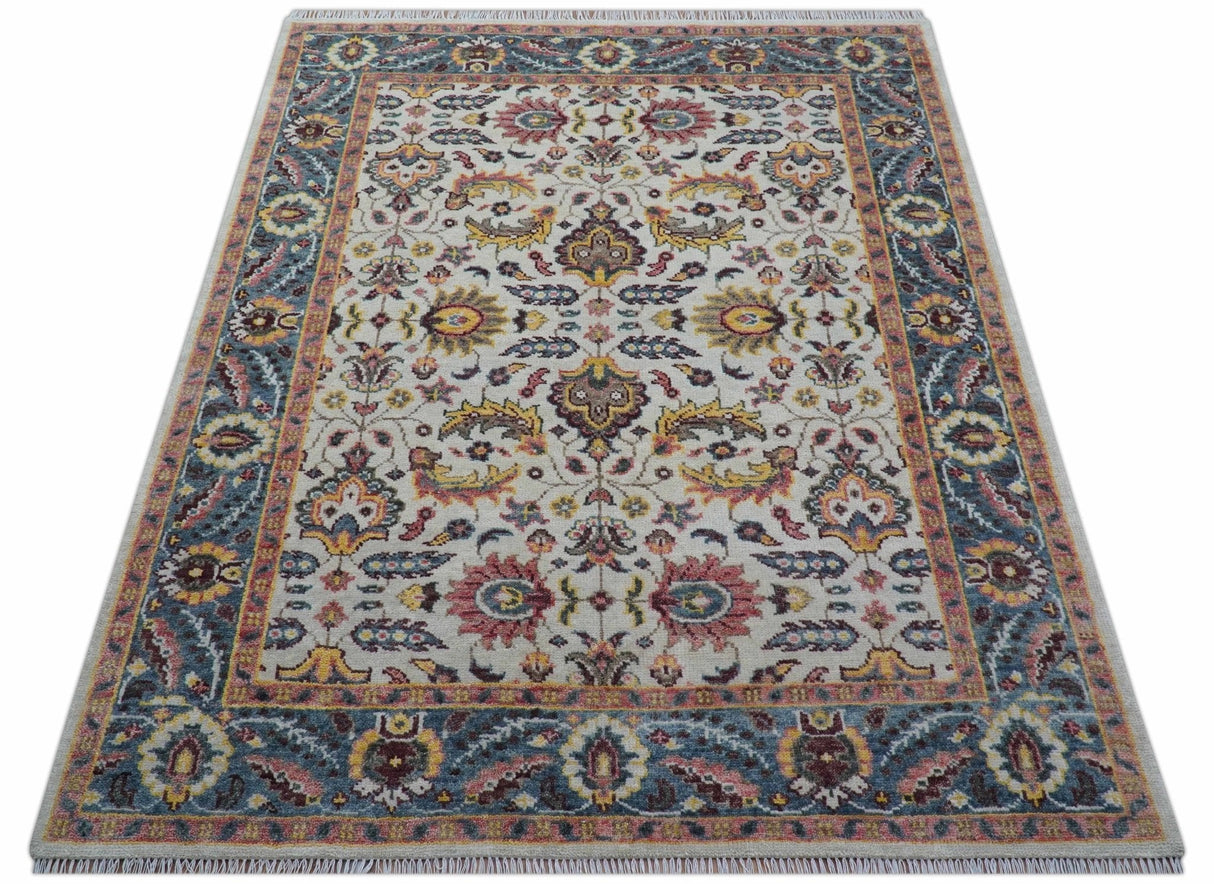Kelly Turkish Design Ivory And Blue Hand Knotted Wool Rug