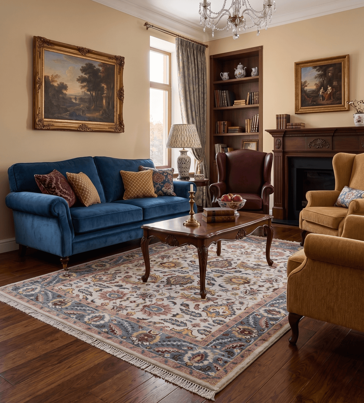 Kelly Turkish Design Ivory And Blue Hand Knotted Wool Rug