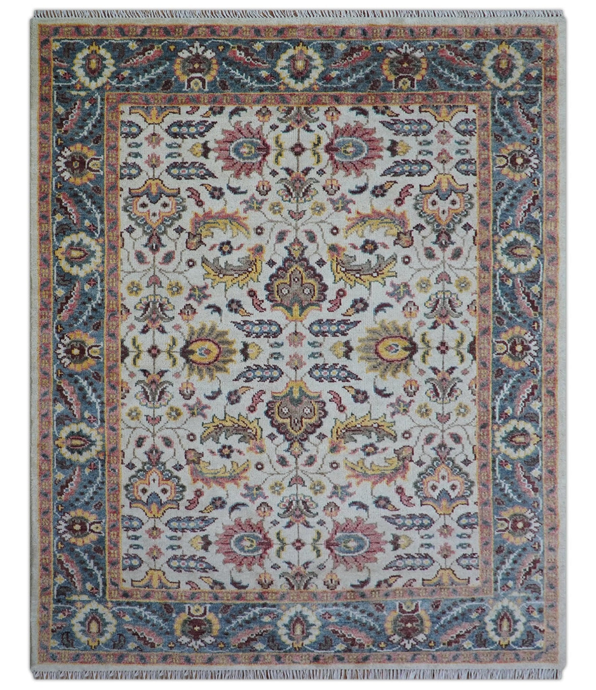 Kelly Turkish Design Ivory And Blue Hand Knotted Wool Rug