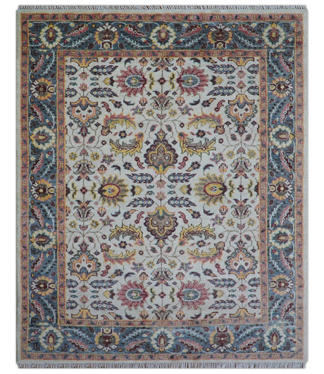 Kelly Turkish Design Ivory And Blue Hand Knotted Wool Rug