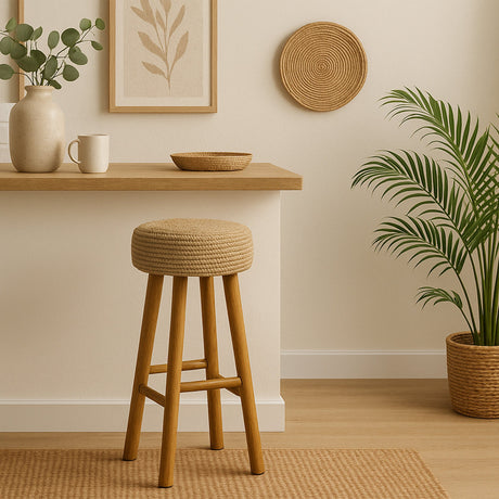 Kuta Natural Teak Indoor Branch Stool with Raffia Seat - 18.5"-30"
