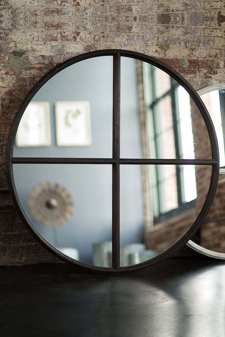 Large Round Wood Vintage Wall Mirror in Black-Mirror-Parc Decor