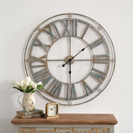 Large Vintage Farmhouse Wall Clock with Roman Numerals and Distressed Metal Frame-Clocks-Parc Decor