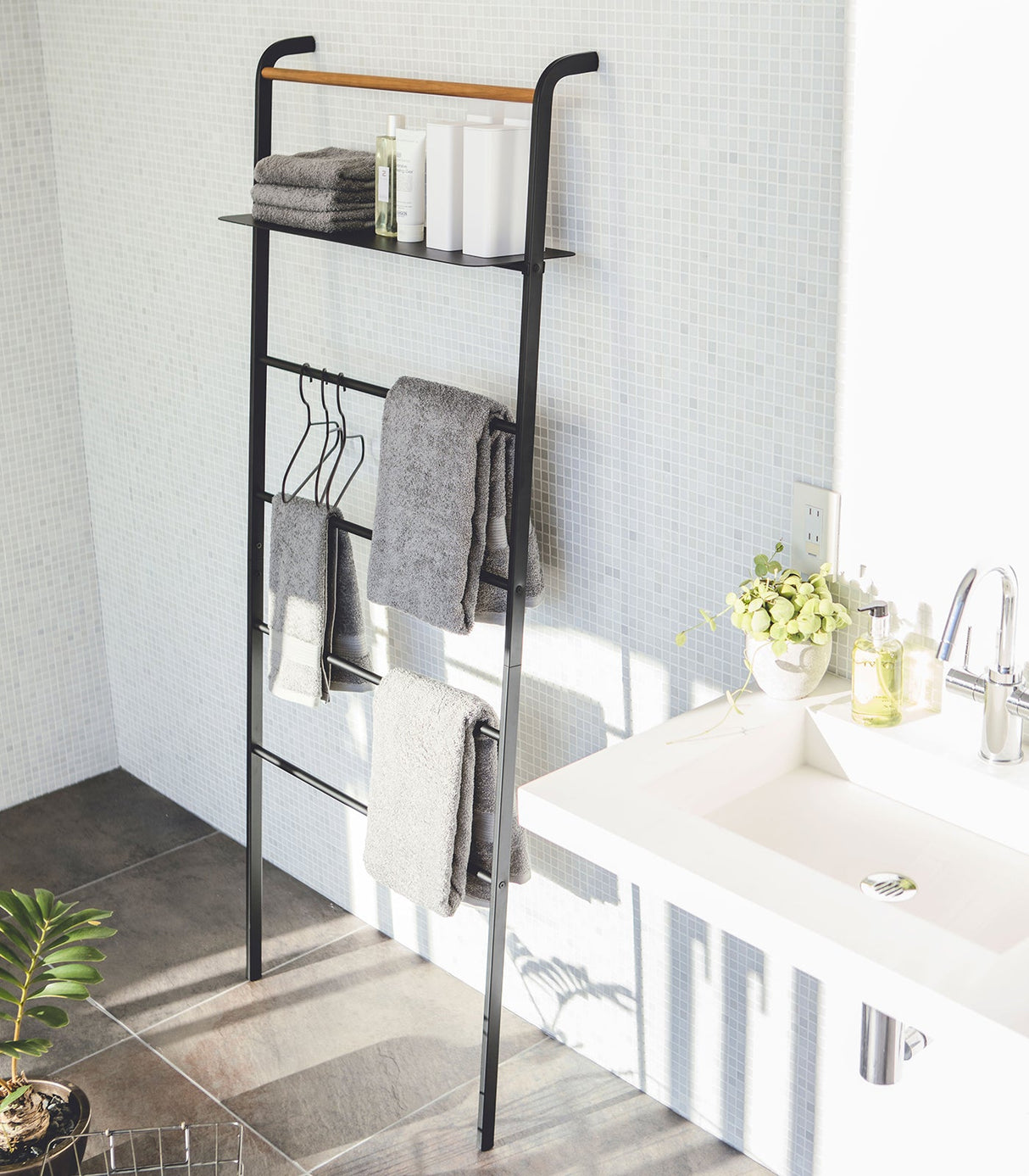 Leaning Storage Ladder With Shelf (63" H) - Steel
