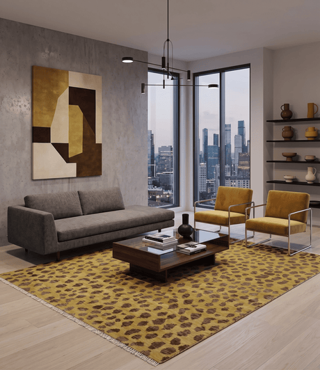 Leopard Design Mustard and Dark Plum Hand Knotted Custom Made wool area rug