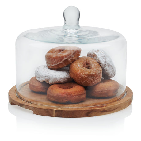 Libbey Acaciawood Flat Round Wood Server Cake Stand with Glass Dome-Serveware-Parc Decor