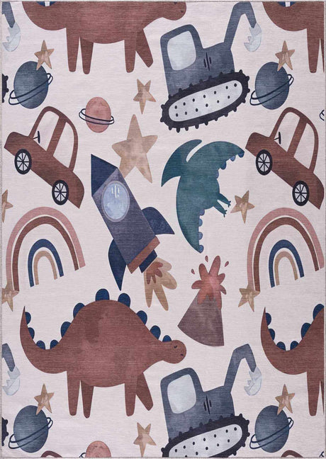Libra Washable Kids Rug - Dinosaur rocket car rainbow-Rugs-Parc Decor