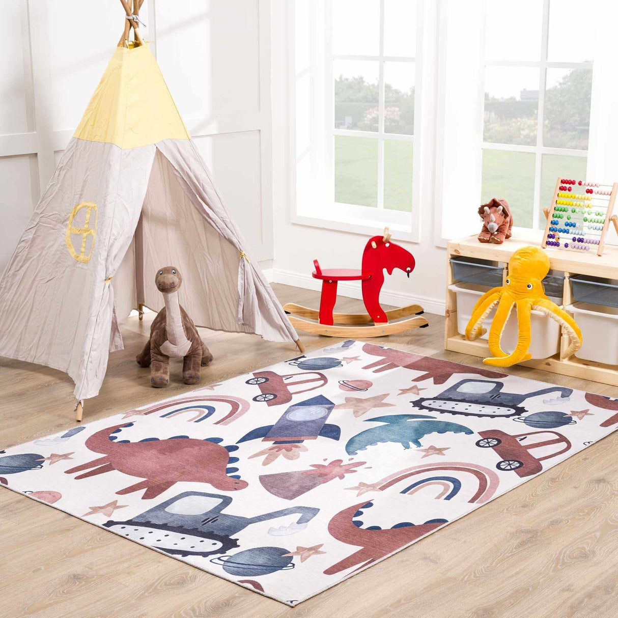 Libra Washable Kids Rug - Dinosaur rocket car rainbow-Rugs-Parc Decor