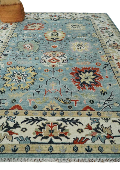 Light Blue and Ivory hand knotted Vibrant colorful Traditional Oushak Wool Area Rug