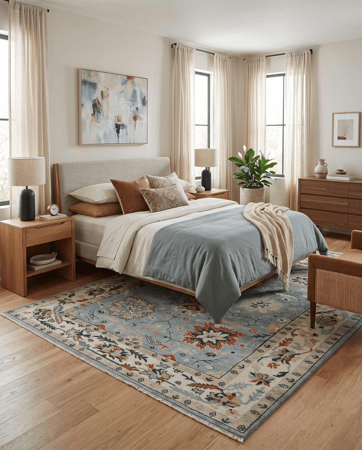 Light Blue and Ivory hand knotted Vibrant colorful Traditional Oushak Wool Area Rug
