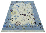Light Blue, Ivory, Charcoal and Brown Hand Knotted Traditional Floral 6.6x10 Wool Area Rug