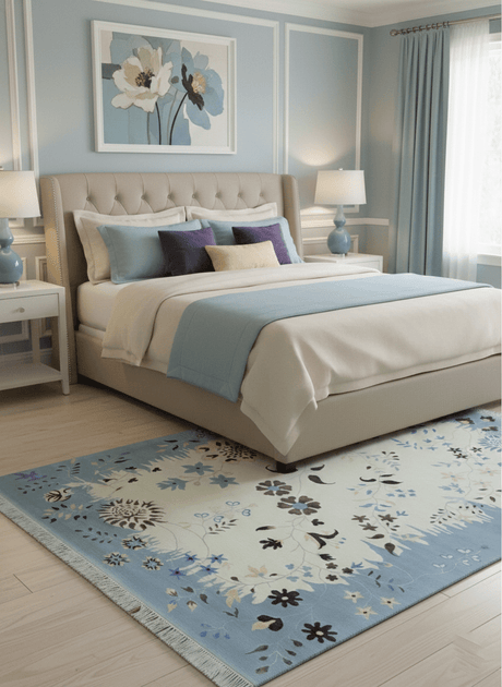 Light Blue, Ivory, Charcoal and Brown Hand Knotted Traditional Floral 6.6x10 Wool Area Rug