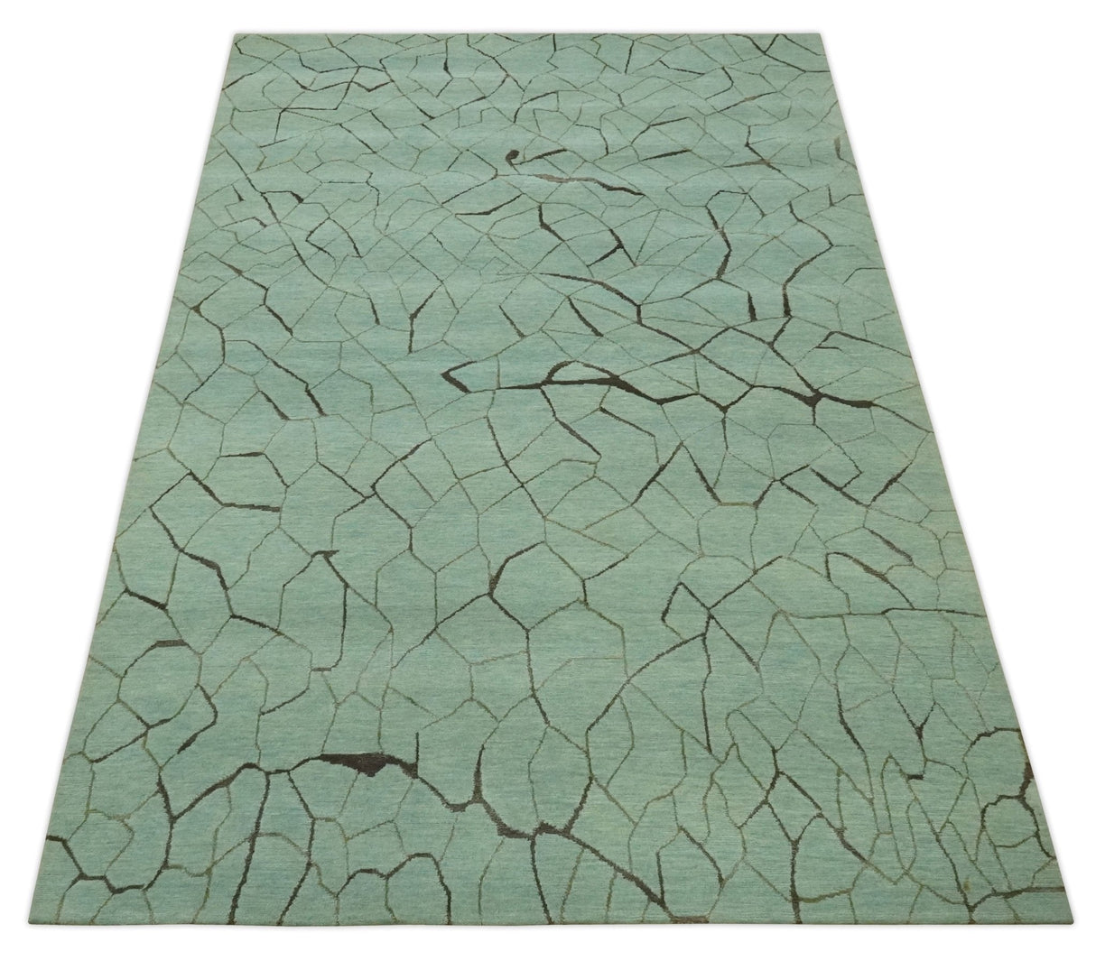 Light Green and Charcoal Hand loom Modern Crack Design 5x8 Wool and Art Silk Area Rug-Area Rug-Parc Decor