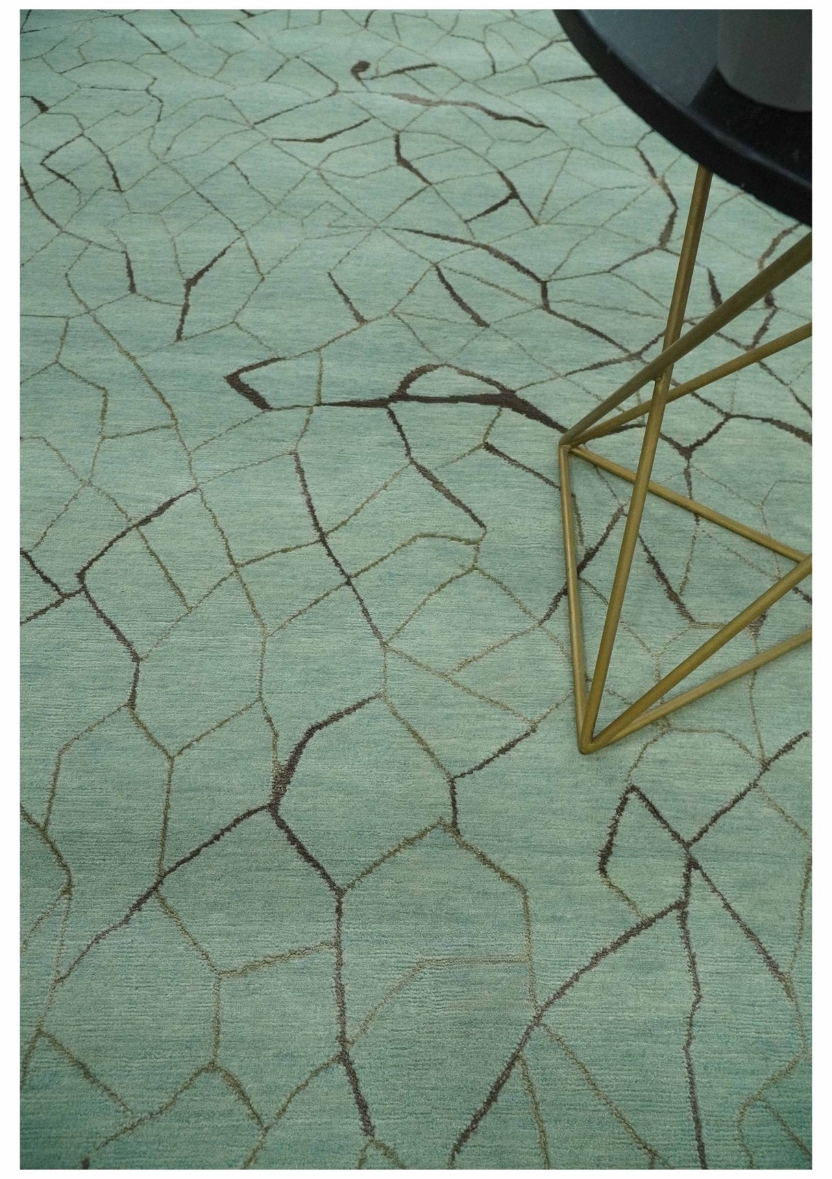 Light Green and Charcoal Hand loom Modern Crack Design 5x8 Wool and Art Silk Area Rug-Area Rug-Parc Decor