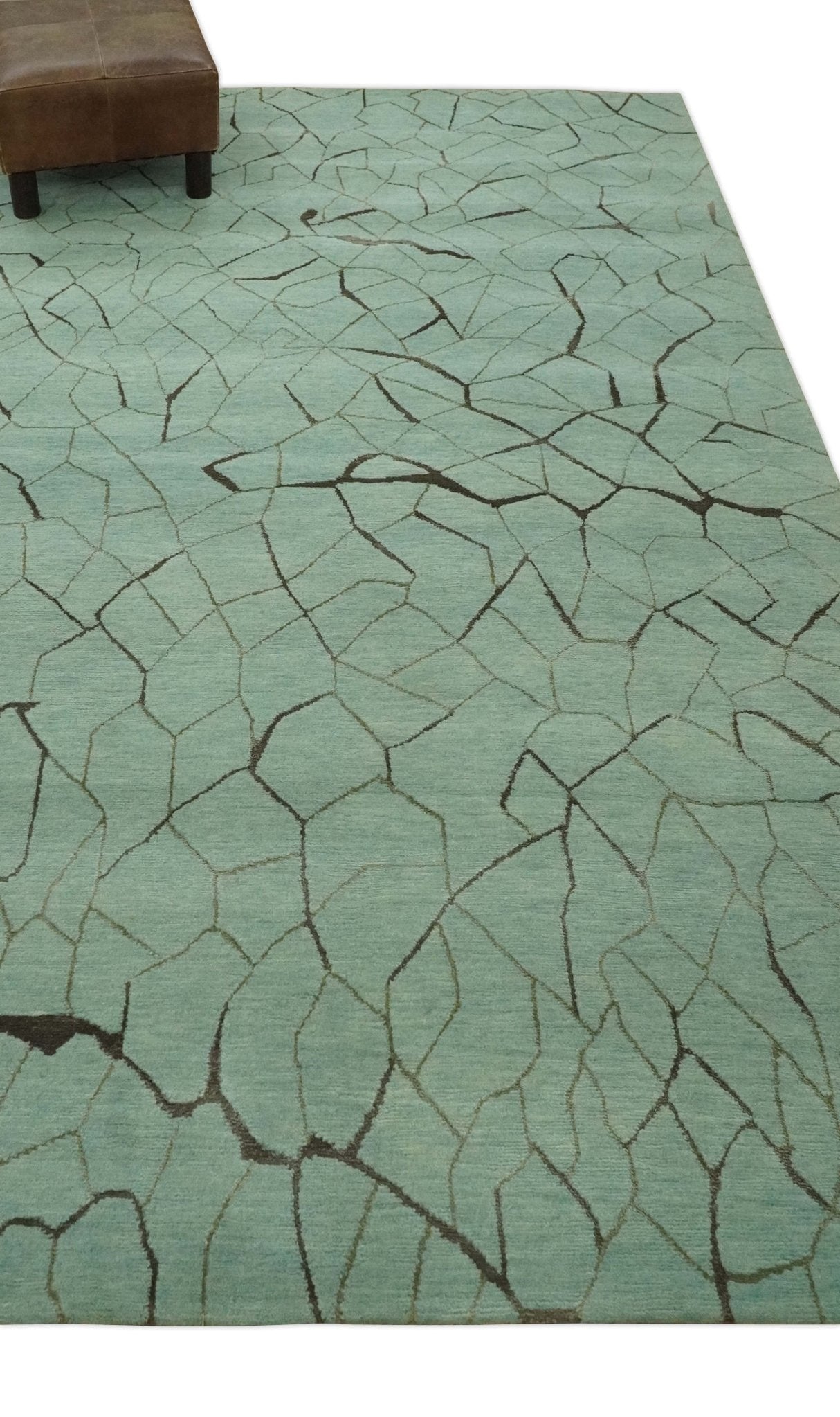 Light Green and Charcoal Hand loom Modern Crack Design 5x8 Wool and Art Silk Area Rug-Area Rug-Parc Decor