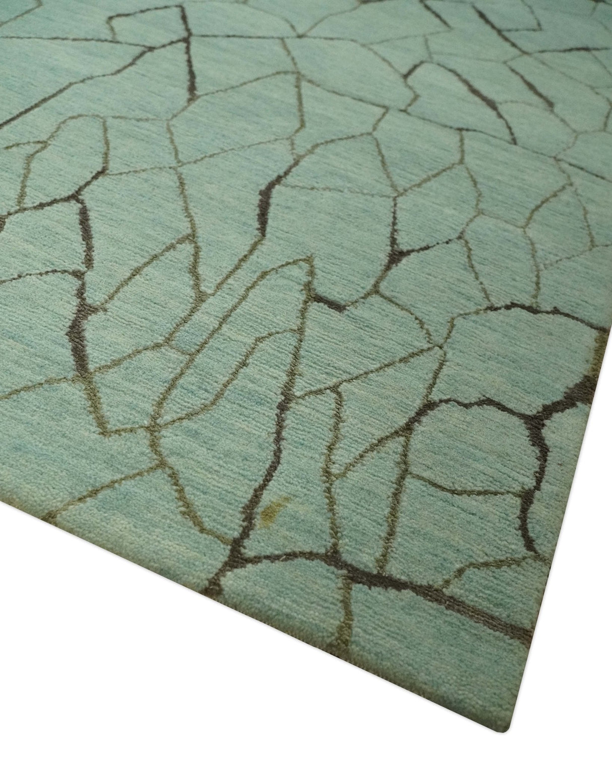 Light Green and Charcoal Hand loom Modern Crack Design 5x8 Wool and Art Silk Area Rug-Area Rug-Parc Decor