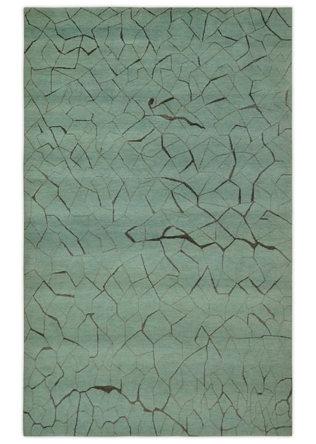 Light Green and Charcoal Hand loom Modern Crack Design 5x8 Wool and Art Silk Area Rug-Area Rug-Parc Decor