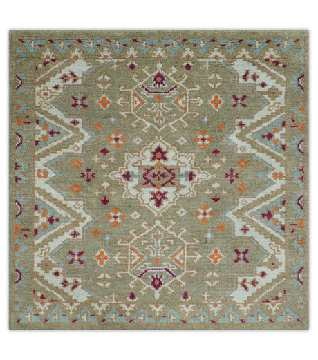 Light Green, Ivory and Maroon Traditional Hand knotted Custom Made wool Area Rug